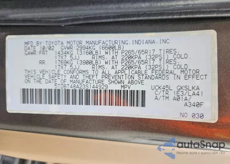 2003 Toyota Sequoia Limited из США, поврежденный, VIN 5TDBT48A23S144929